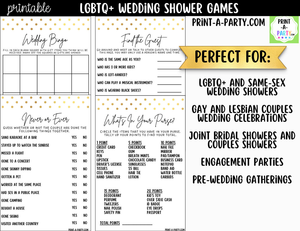 LGBTQ+ Wedding Shower Games Printable | Gold Polka Dots