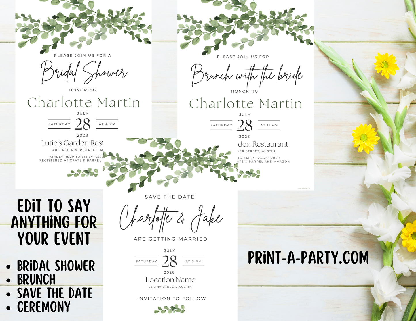 BRIDAL OR WEDDING EVENT - EDITABLE INVITATION: BRIDAL SHOWER, BRUNCH, SAVE THE DATE INVITATION - EDITABLE PRINTABLE | Wedding Shower| Save the Date | Bridal Brunch | Green Florals