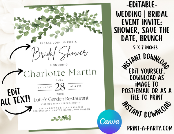 BRIDAL OR WEDDING EVENT - EDITABLE INVITATION: BRIDAL SHOWER, BRUNCH, SAVE THE DATE INVITATION - EDITABLE PRINTABLE | Wedding Shower| Save the Date | Bridal Brunch | Green Florals