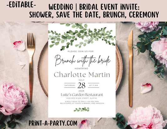 Editable Wedding Invitation Template - GREEN FLORALS - Canva printable for Bridal Showers, Save-the-Dates, Engagement parties and more
