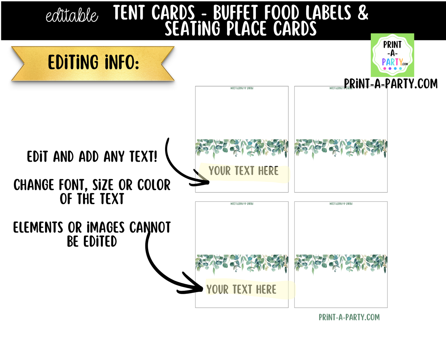 Editable Green Floral Buffet Labels and Place Cards for Garden or Elegant Events and Celebrations