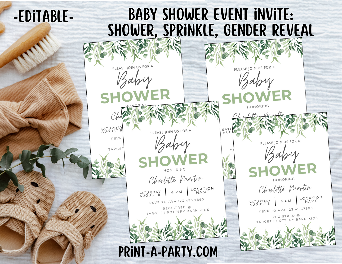 BABY SHOWER INVITE - EDITABLE PRINTABLE | Floral Theme | Green Florals Baby Shower Invitation Customization