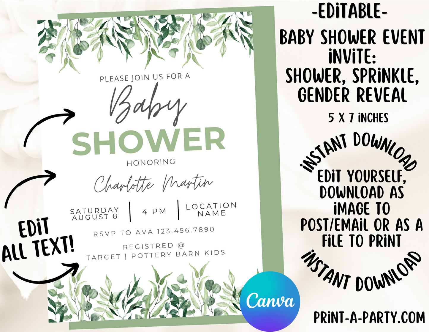 BABY SHOWER INVITE - EDITABLE PRINTABLE | Floral Theme | Green Florals Baby Shower Invitation Customization