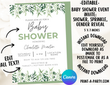 BABY SHOWER INVITE - EDITABLE PRINTABLE | Floral Theme | Green Florals Baby Shower Invitation Customization