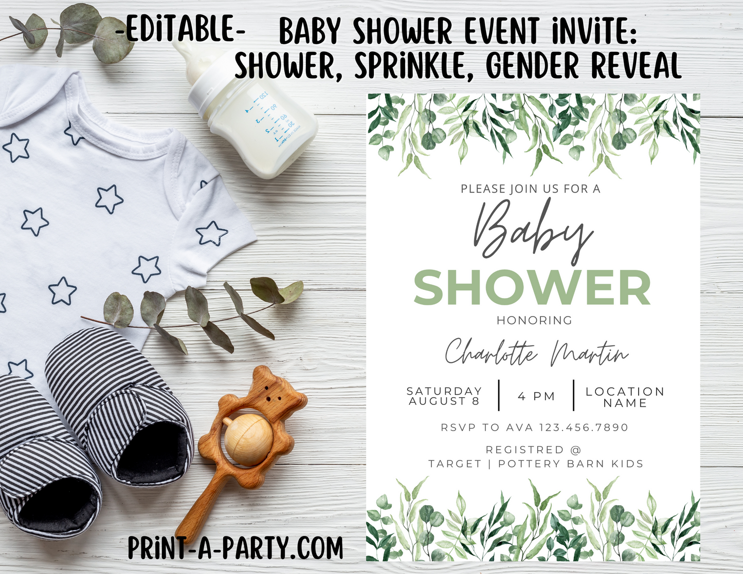 BABY SHOWER INVITE - EDITABLE PRINTABLE | Floral Theme | Green Florals Baby Shower Invitation Customization