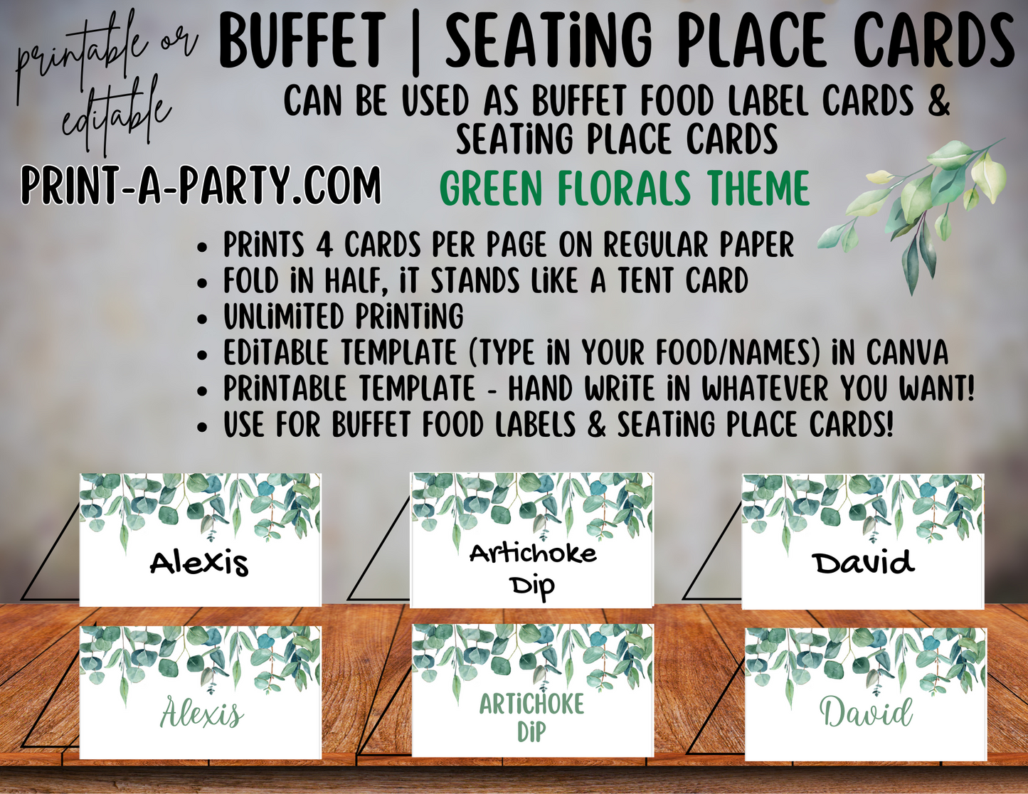 DIY Printable or Editable Buffet Food Label Cards or Seating Place Cards | GREEN FLORALS | Place Card Signs | Buffet Labels