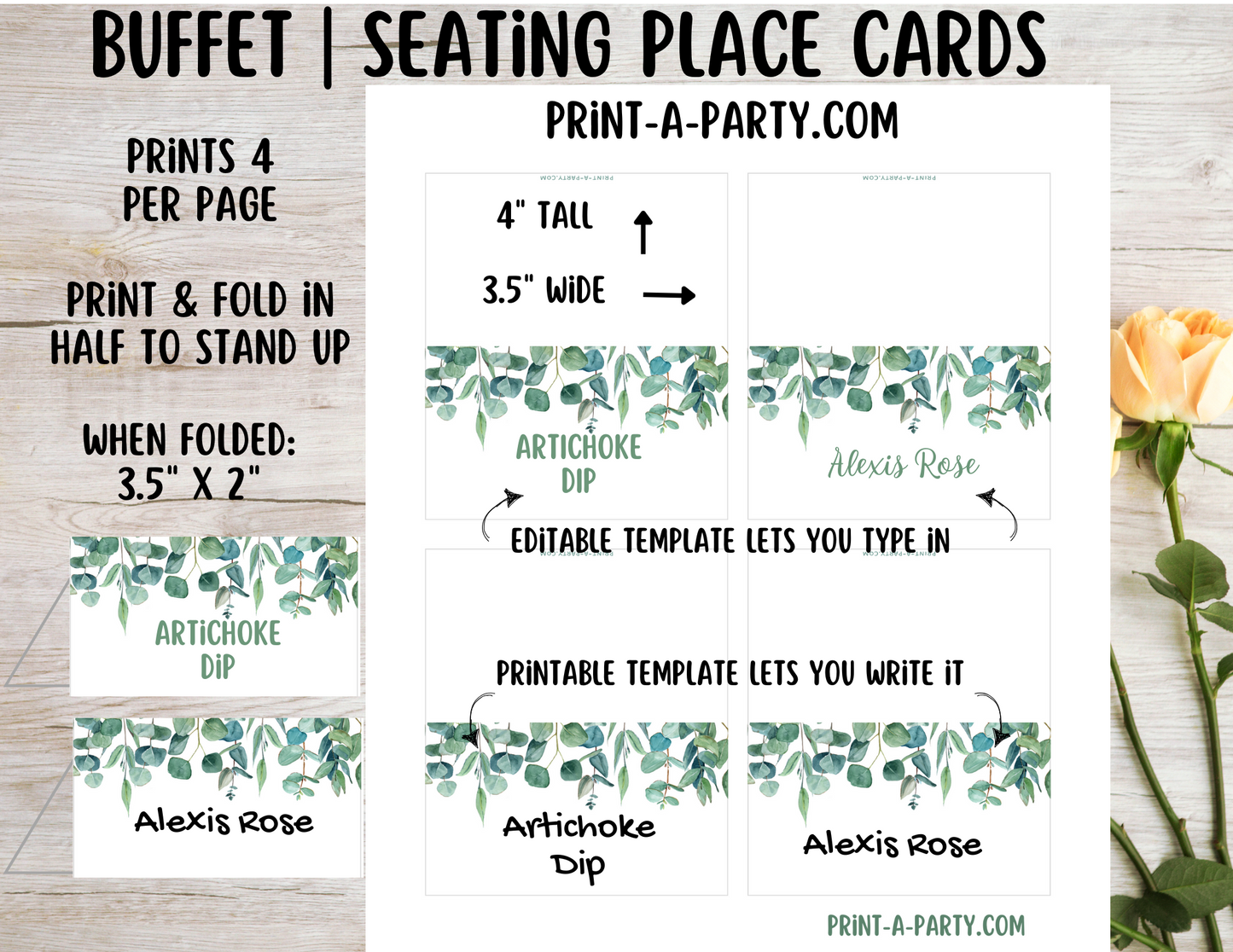 DIY Printable or Editable Buffet Food Label Cards or Seating Place Cards | GREEN FLORALS | Place Card Signs | Buffet Labels