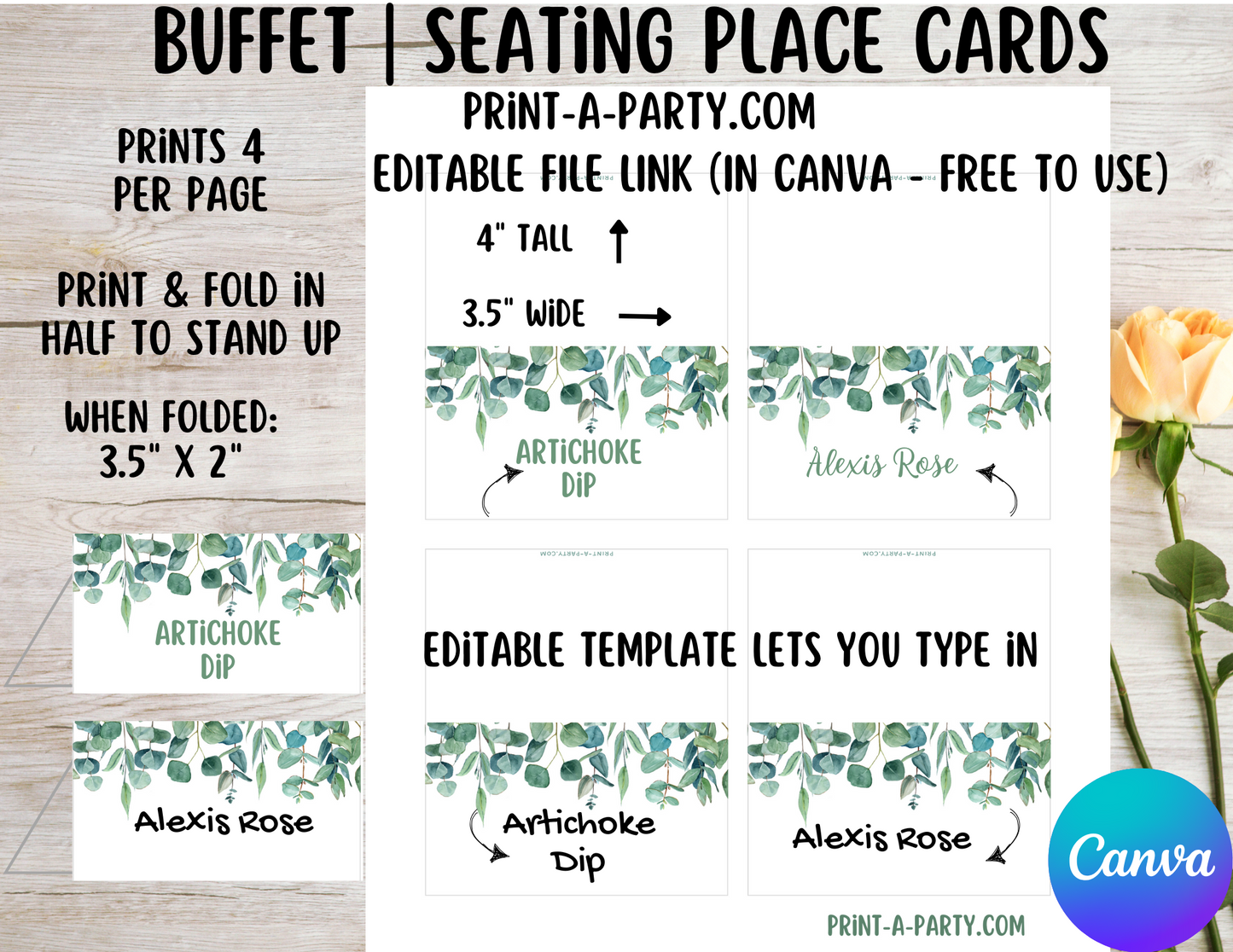 DIY Printable or Editable Buffet Food Label Cards or Seating Place Cards | GREEN FLORALS | Place Card Signs | Buffet Labels