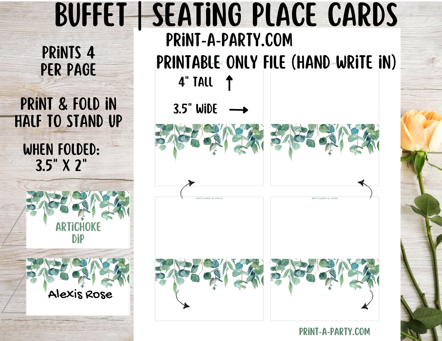 DIY Printable or Editable Buffet Food Label Cards or Seating Place Cards | GREEN FLORALS | Place Card Signs | Buffet Labels