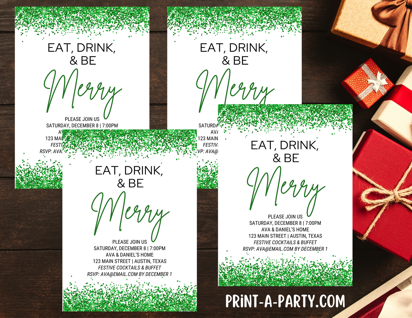 CHRISTMAS EDITABLE INVITATION: GREEN GLITTER CHRISTMAS HOLIDAY PARTY | Christmas Party Invite | Holiday Party Invite | Christmas Party Customization