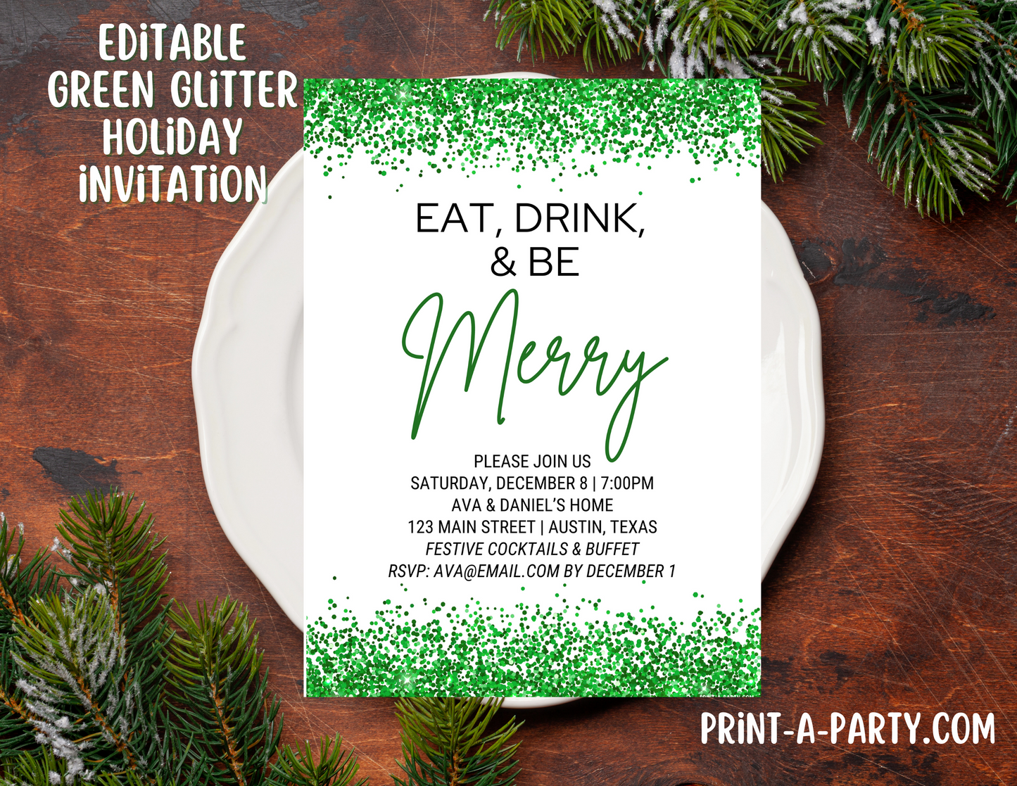 CHRISTMAS EDITABLE INVITATION: GREEN GLITTER CHRISTMAS HOLIDAY PARTY | Christmas Party Invite | Holiday Party Invite | Christmas Party Customization