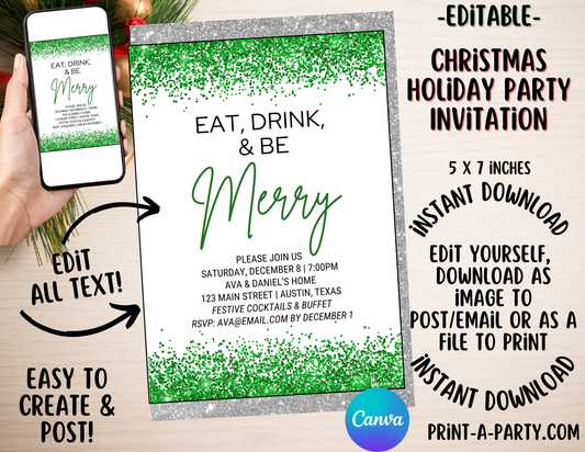 CHRISTMAS EDITABLE INVITATION: GREEN GLITTER CHRISTMAS HOLIDAY PARTY - EDITABLE PRINTABLE | Christmas Party Invite | Holiday Party Invite | Christmas Party Customization