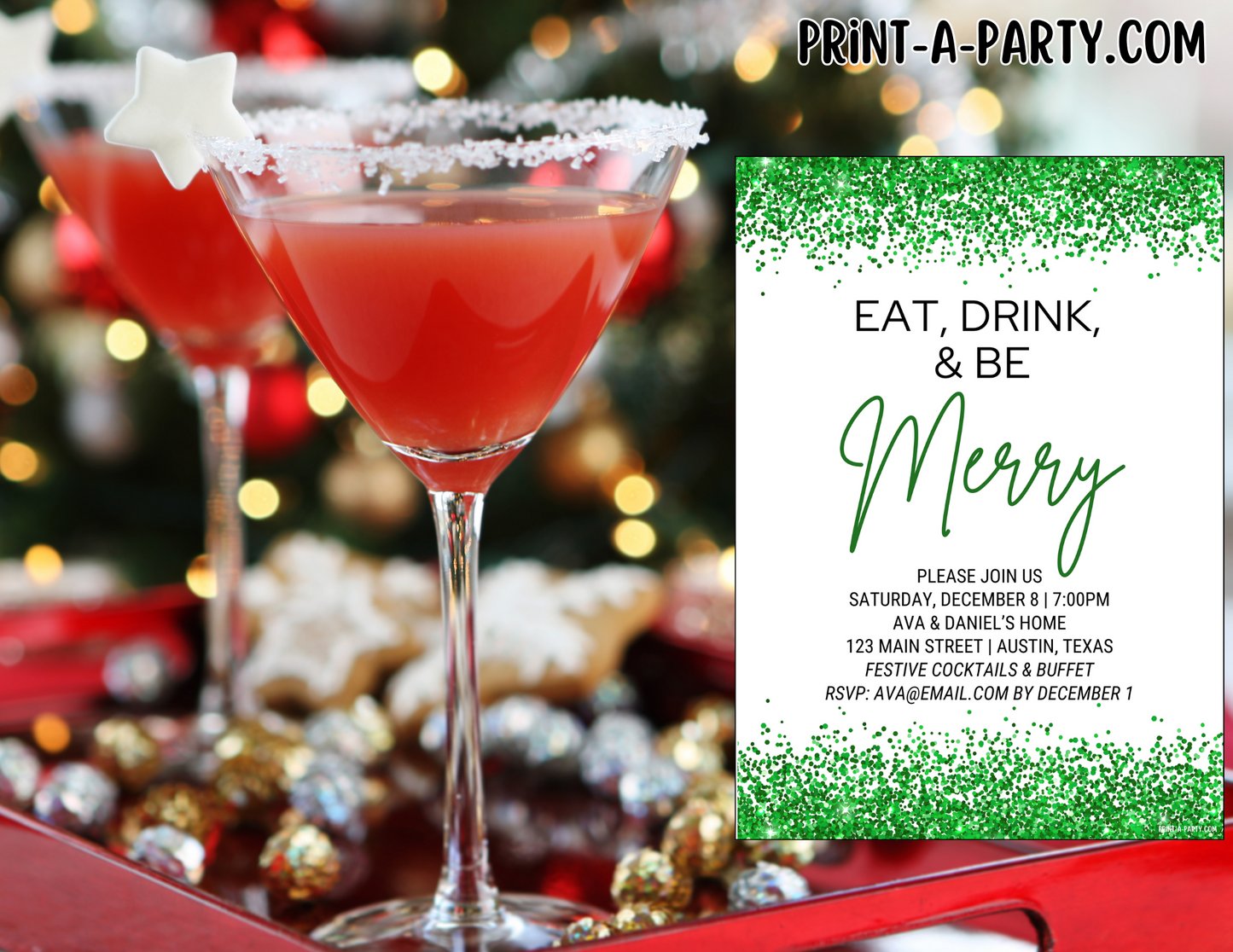 EAT, DRINK & BE MERRY editable Christmas Party Invitation Template for Easy Sharing Posting or Printing