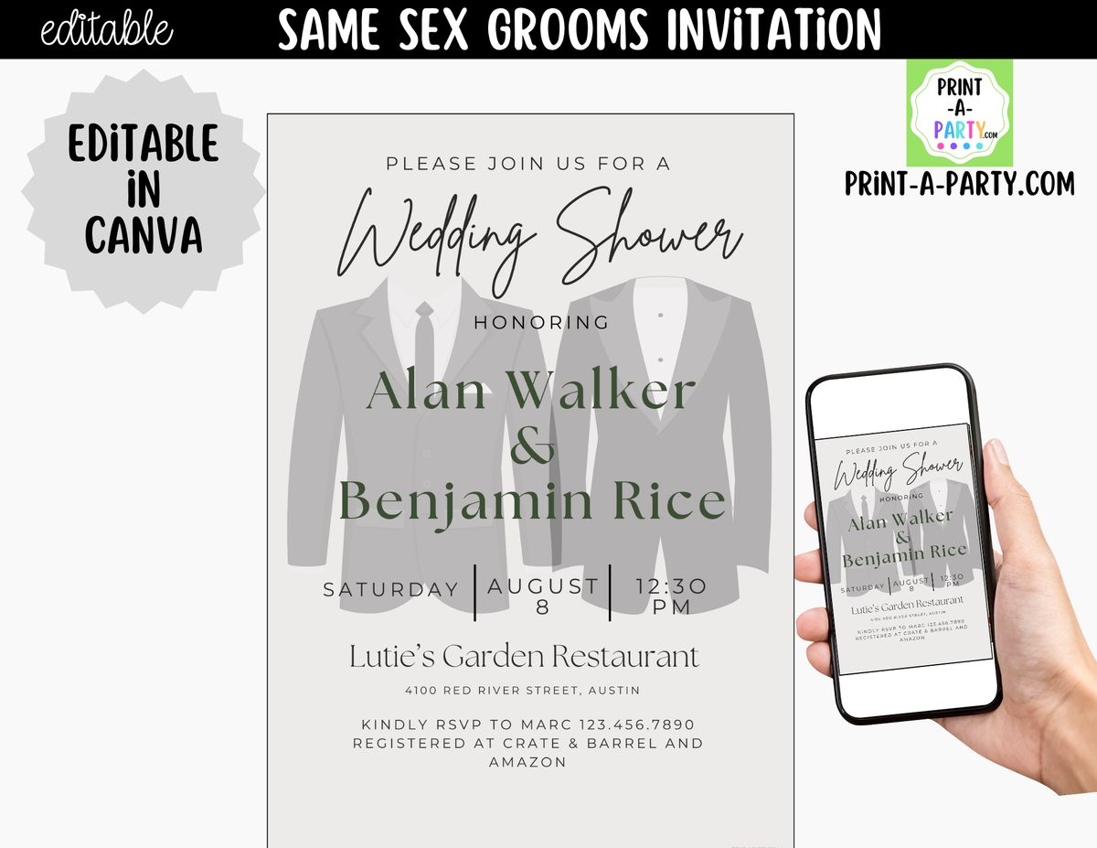 Same-Sex Grooms Wedding Shower Invitation Canva