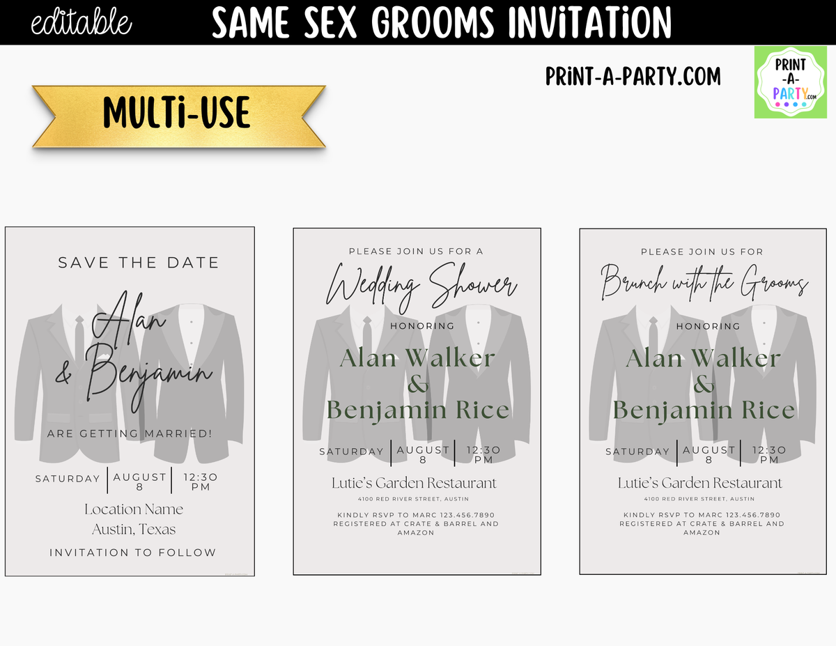Same-Sex Grooms Wedding Shower Invitation Canva