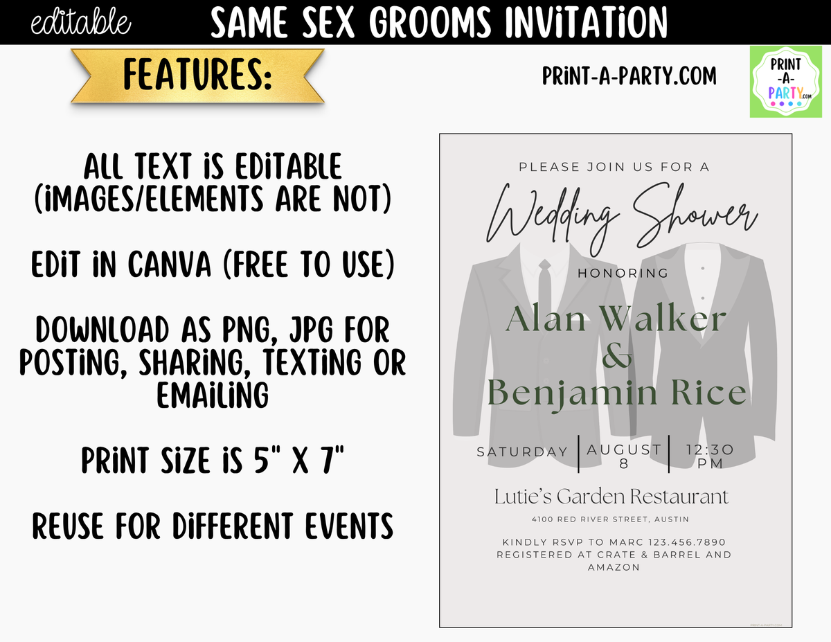 Same-Sex Grooms Wedding Shower Invitation Canva