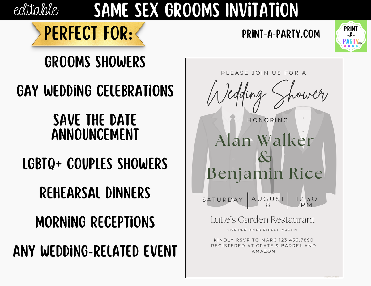 Same-Sex Grooms Wedding Shower Invitation Canva