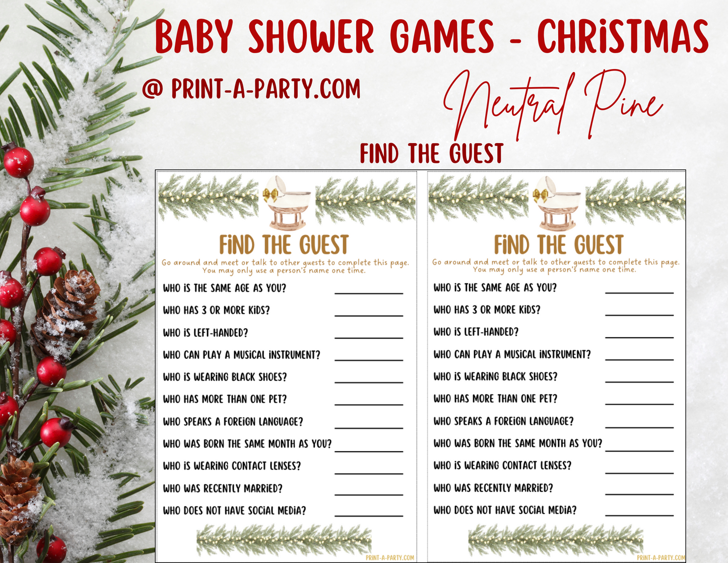 GAME BUNDLE for Christmas Baby Shower - Neutral Pine with Lights | Christmas Baby Shower Theme | Christmas Baby Shower Ideas | INSTANT DOWNLOAD