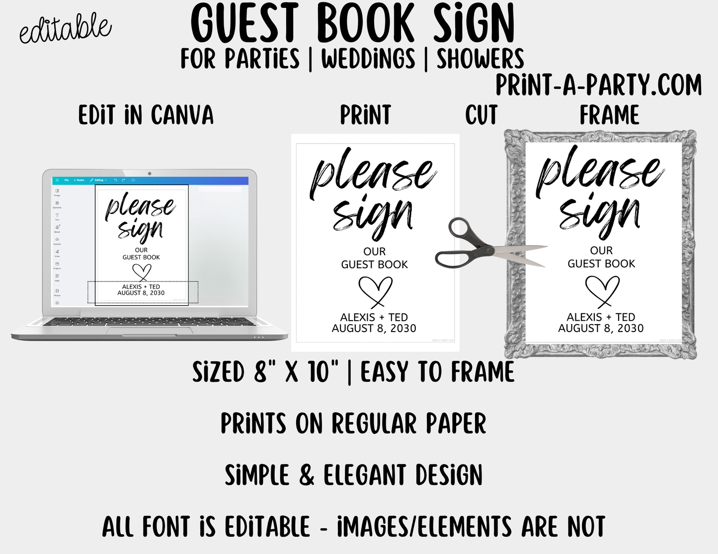 Editable Guest Book Sign (8x10) – Canva Printable Template for Weddings, Showers, Parties