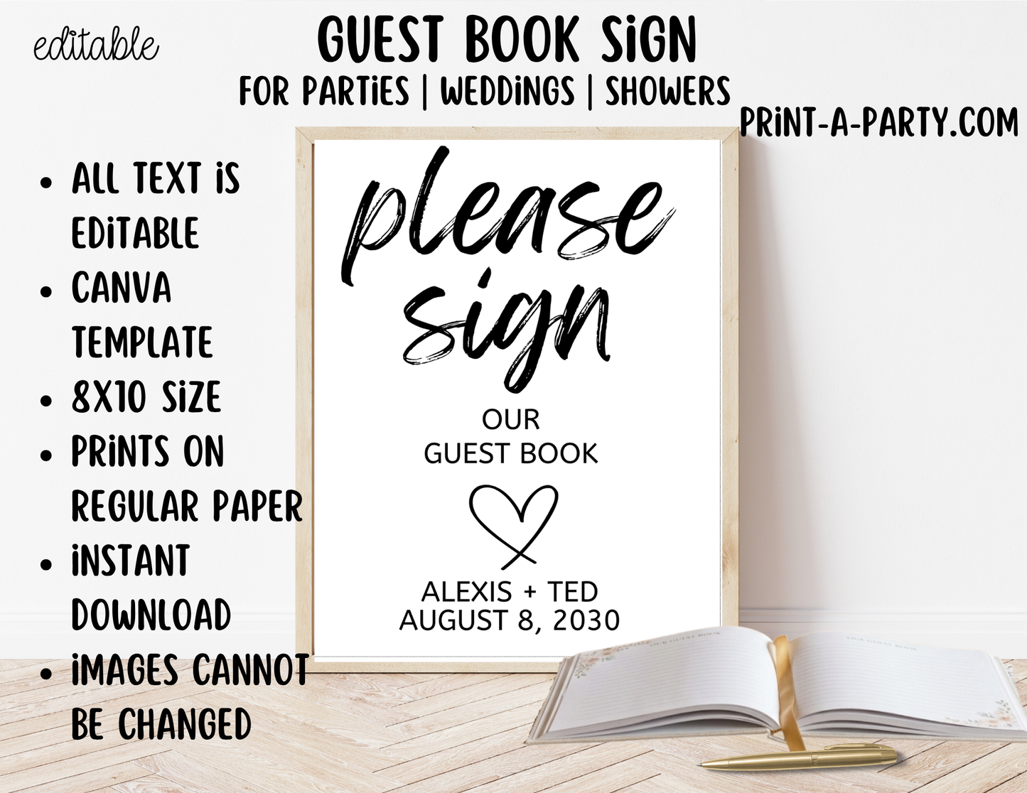 Editable Guest Book Sign (8x10) – Canva Printable Template for Weddings, Showers, Parties