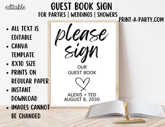 Editable Guest Book Sign (8x10) – Canva Printable Template for Weddings, Showers, Parties