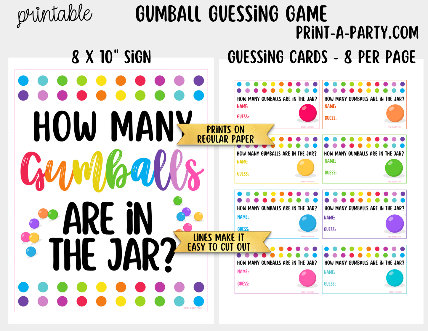 Gumball Candy Jar Guessing Game Printable Sign (8x10) + Guessing Cards - Party Game Decor