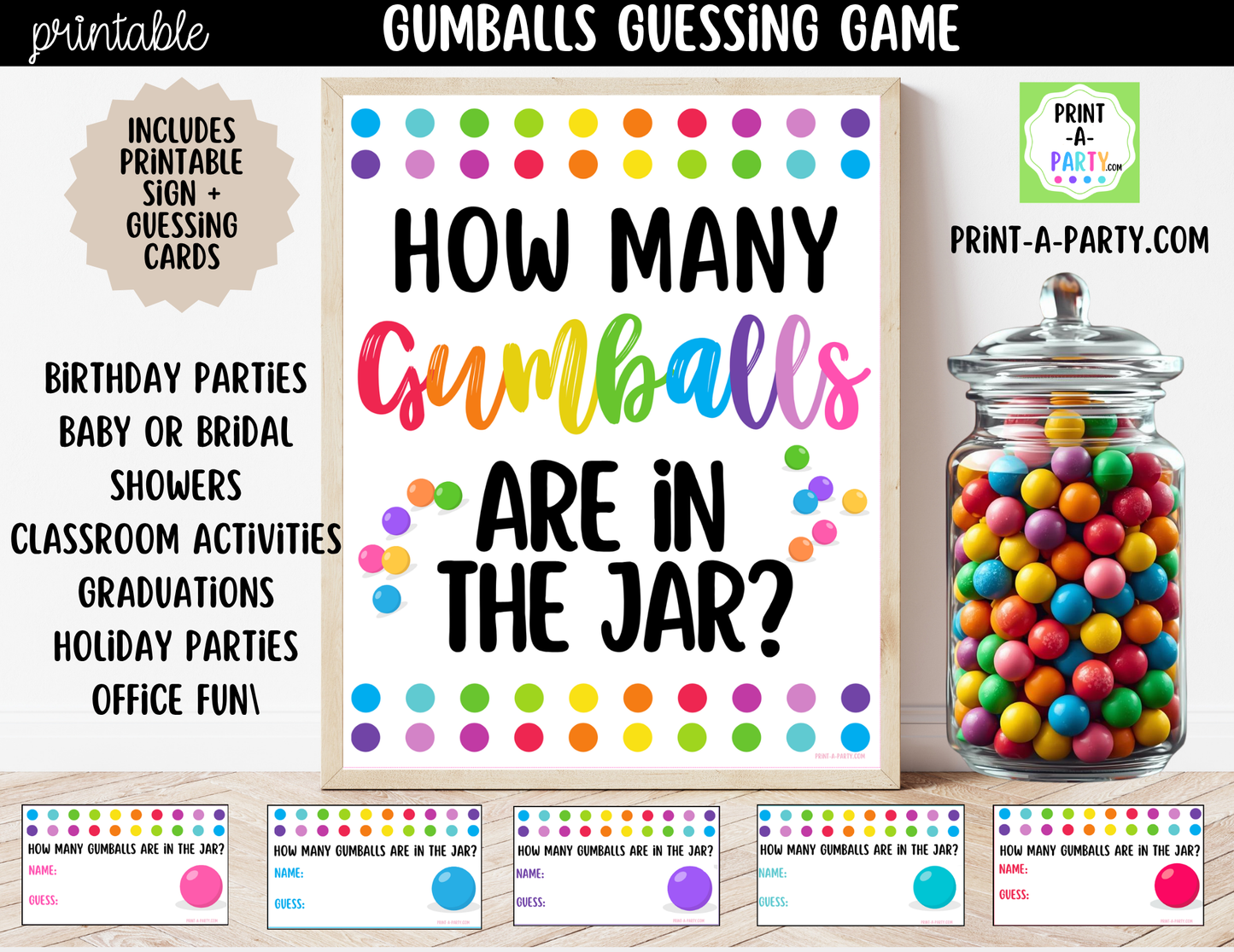 Gumball Candy Jar Guessing Game Printable Sign (8x10) + Guessing Cards - Party Game Decor