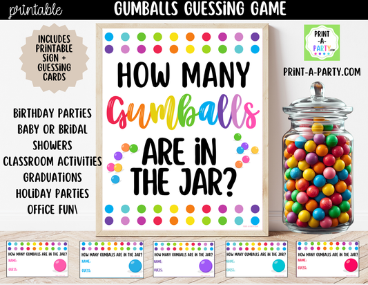 Gumball Candy Jar Guessing Game Printable Sign (8x10) + Guessing Cards - Party Game Decor
