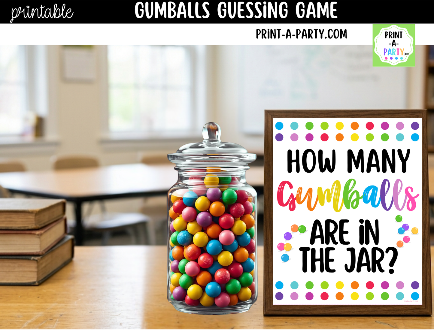 Gumball Candy Jar Guessing Game Printable Sign (8x10) + Guessing Cards - Party Game Decor