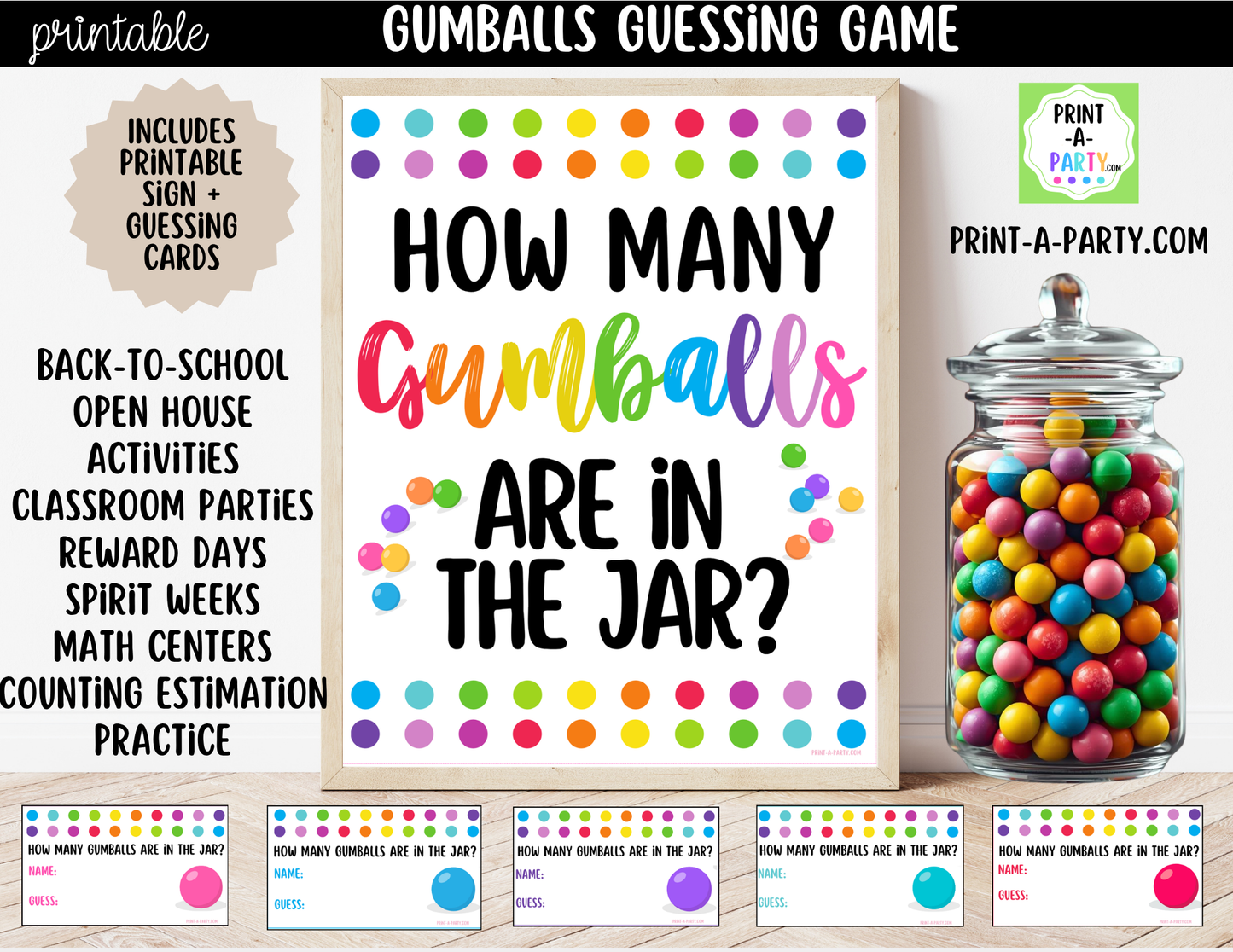 Gumball Candy Jar Guessing Game Printable Sign (8x10) + Guessing Cards - Party Game Decor