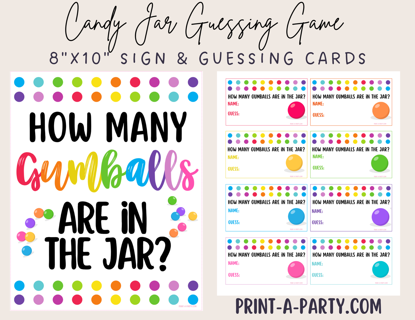 CANDY JAR GUESSING GAME - GUMBALLS - printable sign and cards for parties, showers, classroom, office or any event!