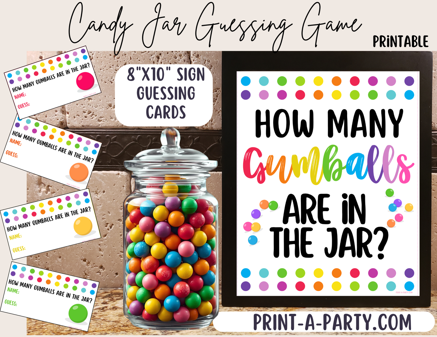 CANDY JAR GUESSING GAME - GUMBALLS - printable sign and cards for parties, showers, classroom, office or any event!