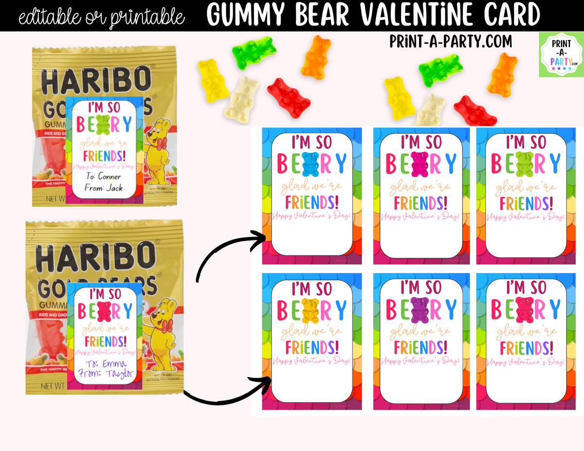 Gummy Bears Valentine Card Printable – Editable Canva Option