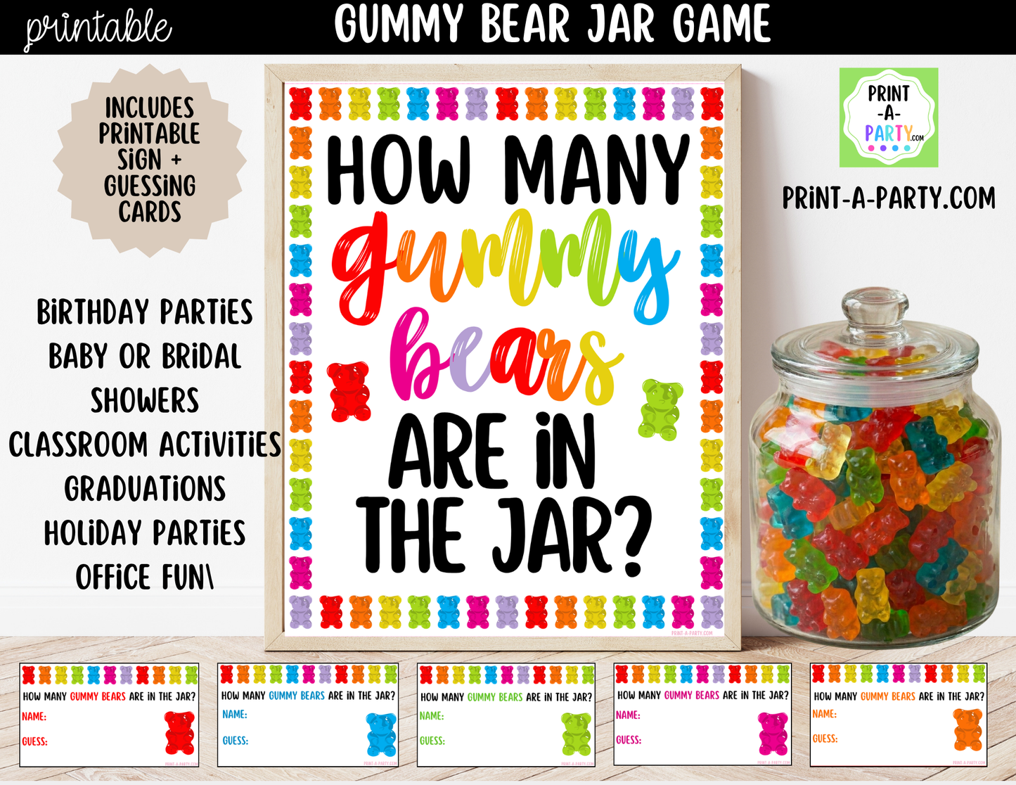 Gummy Bear Candy Jar Guessing Game Printable Sign (8x10) + Guessing Cards - Party Game Decor