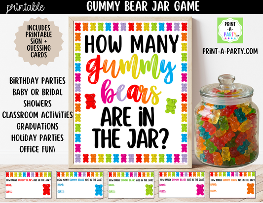 Gummy Bear Candy Jar Guessing Game Printable Sign (8x10) + Guessing Cards - Party Game Decor