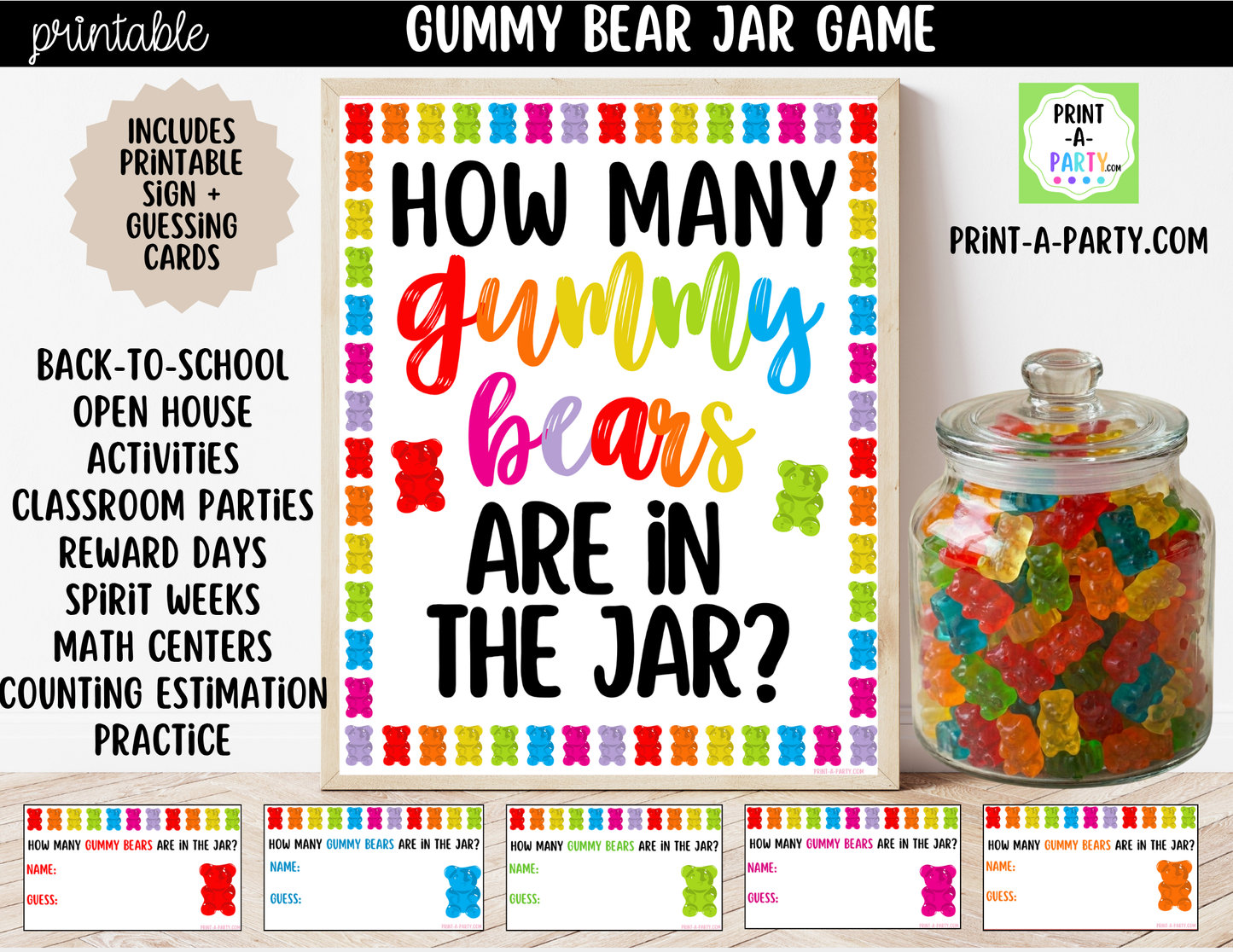 Gummy Bear Candy Jar Guessing Game Printable Sign (8x10) + Guessing Cards - Party Game Decor