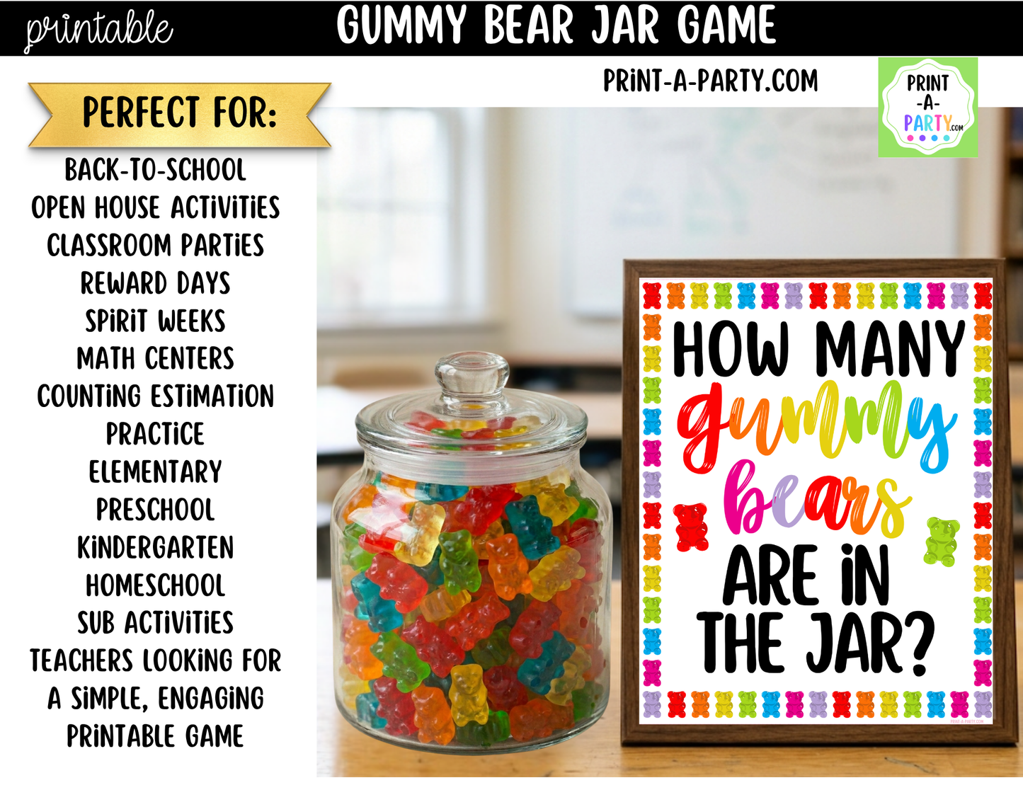 Gummy Bear Candy Jar Guessing Game Printable Sign (8x10) + Guessing Cards - Party Game Decor