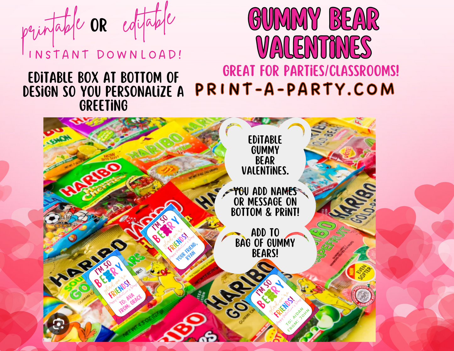 Valentine EDITABLE TEMPLATE: GUMMY BEARS VALENTINE CARD - EDITABLE PRINTABLE | Valentine's Day Party | Kid's Valentines | Valentine Gummy Bears