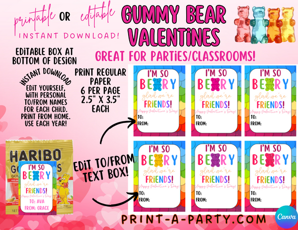 Valentine EDITABLE TEMPLATE: GUMMY BEARS VALENTINE CARD - EDITABLE PRINTABLE | Valentine's Day Party | Kid's Valentines | Valentine Gummy Bears