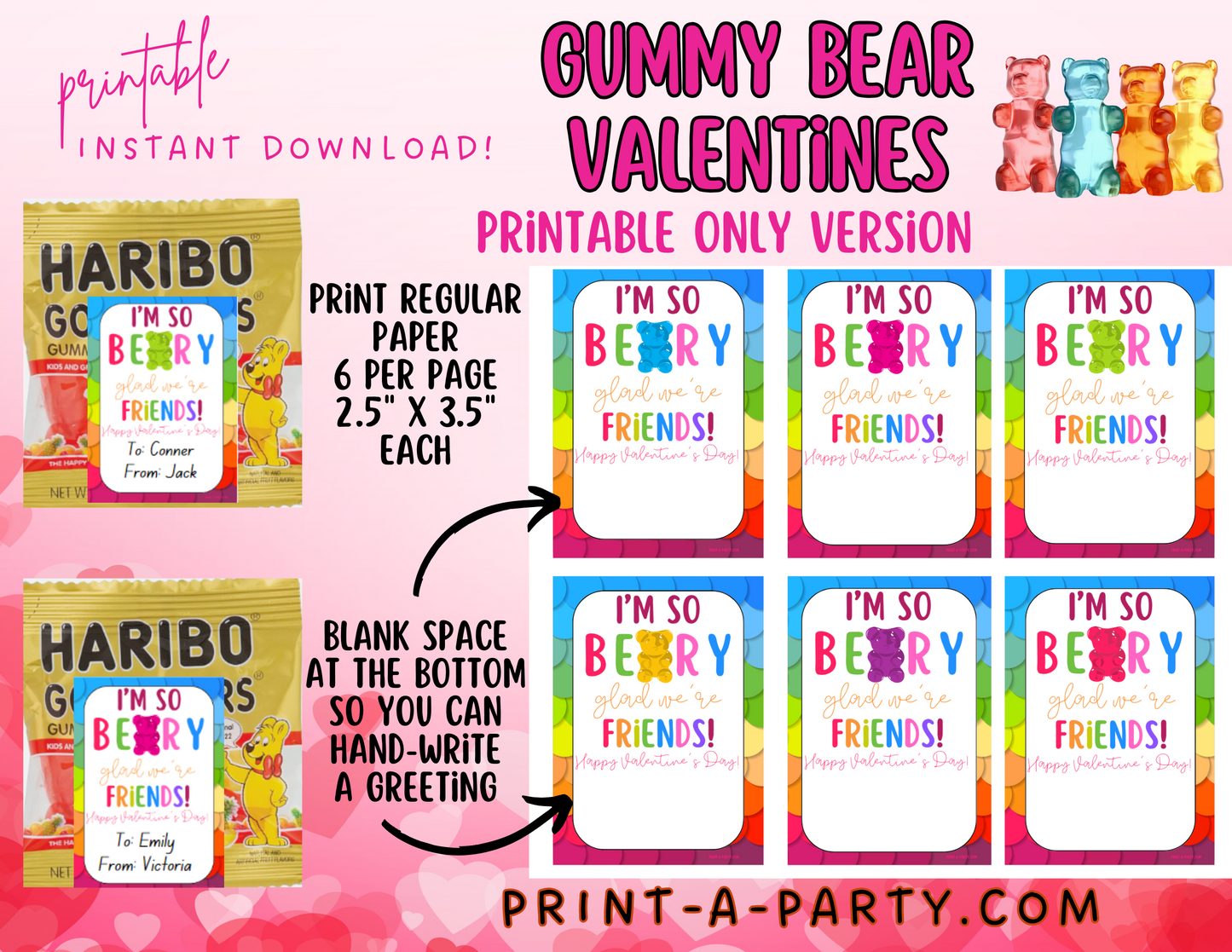 Valentine EDITABLE TEMPLATE: GUMMY BEARS VALENTINE CARD - EDITABLE PRINTABLE | Valentine's Day Party | Kid's Valentines | Valentine Gummy Bears