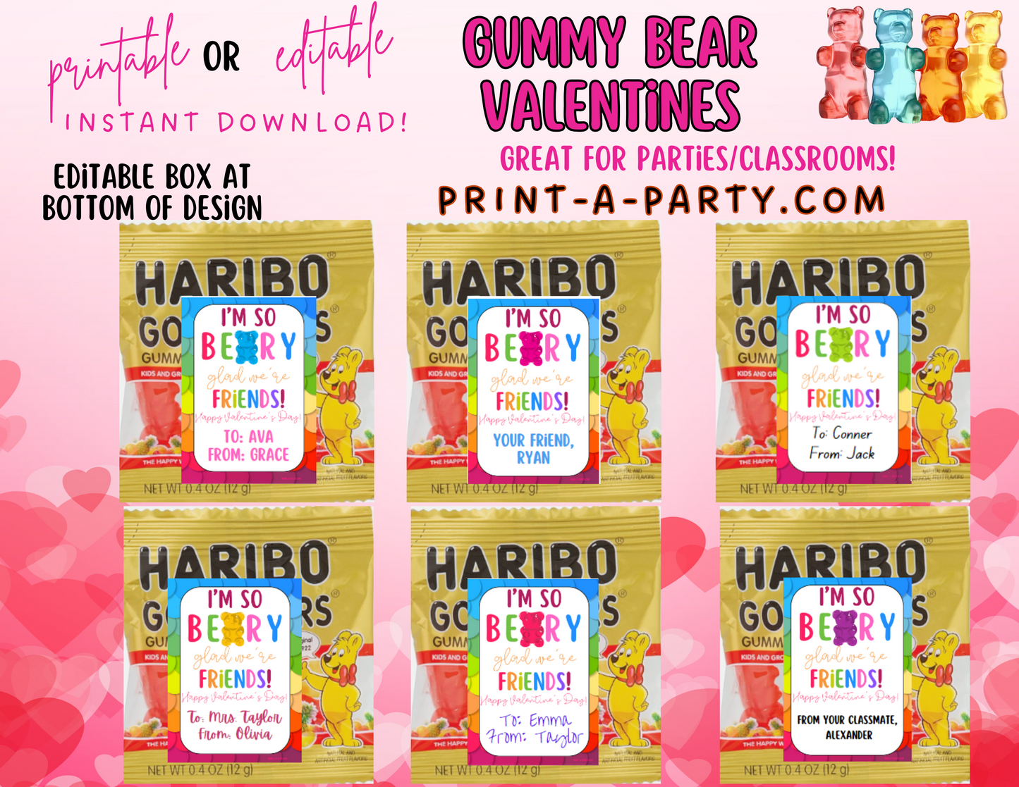 Valentine EDITABLE TEMPLATE: GUMMY BEARS VALENTINE CARD - EDITABLE PRINTABLE | Valentine's Day Party | Kid's Valentines | Valentine Gummy Bears