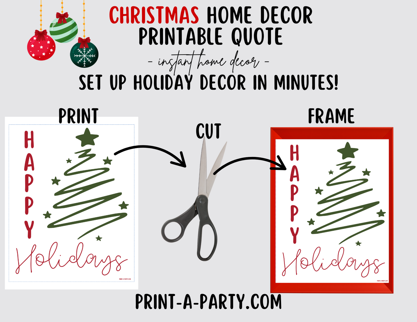 HAPPY HOLIDAYS Printable Christmas Sign, Instant Holiday Decor in 8x10 and 5x7