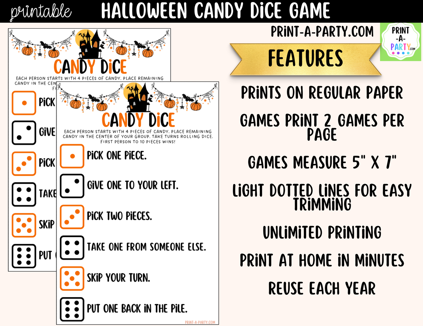 Halloween Candy Dice Game Printable | Halloween Party Game | Halloween Classroom Activity