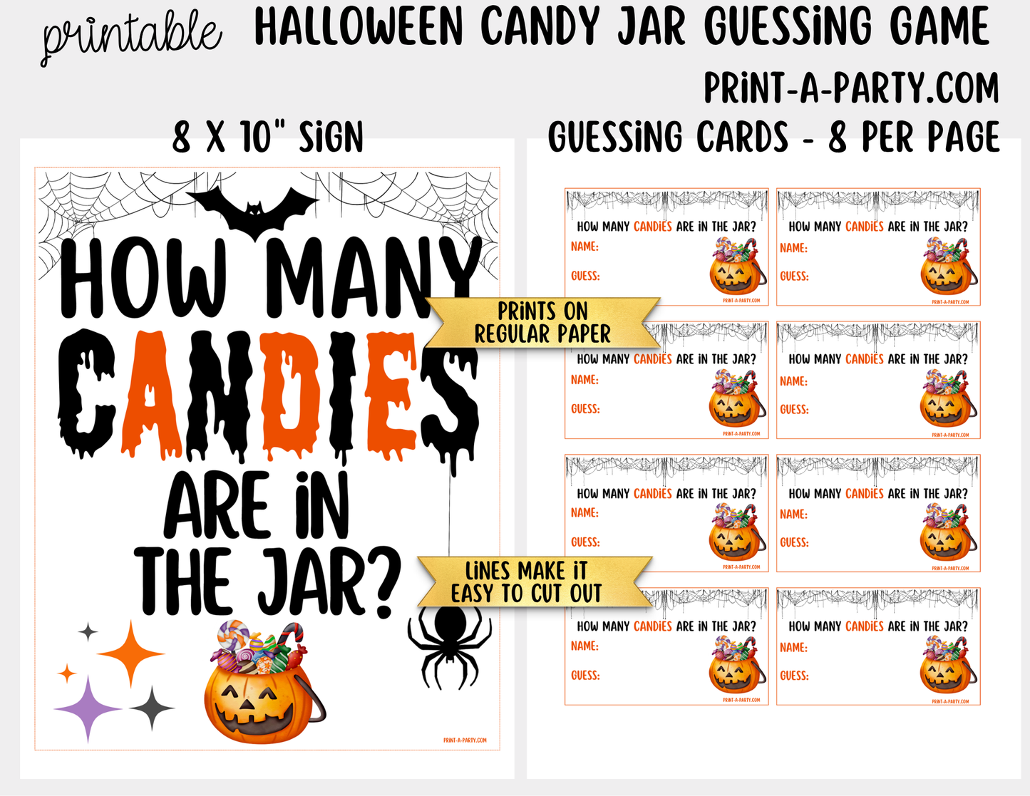 Halloween Candy Jar Guessing Game Printable Sign (8x10) and Guessing Cards for Fall, Halloween Parties and events