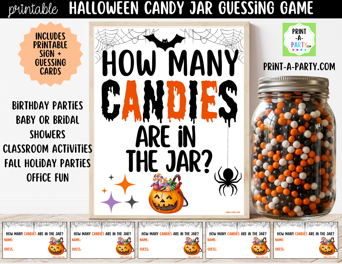Halloween Candy Jar Guessing Game Printable Sign (8x10) and Guessing Cards for Fall, Halloween Parties and events