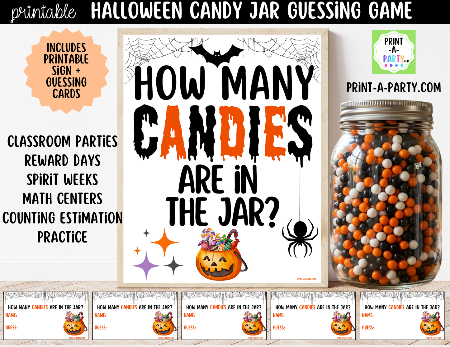 Halloween Candy Jar Guessing Game Printable Sign (8x10) and Guessing Cards for Fall, Halloween Parties and events