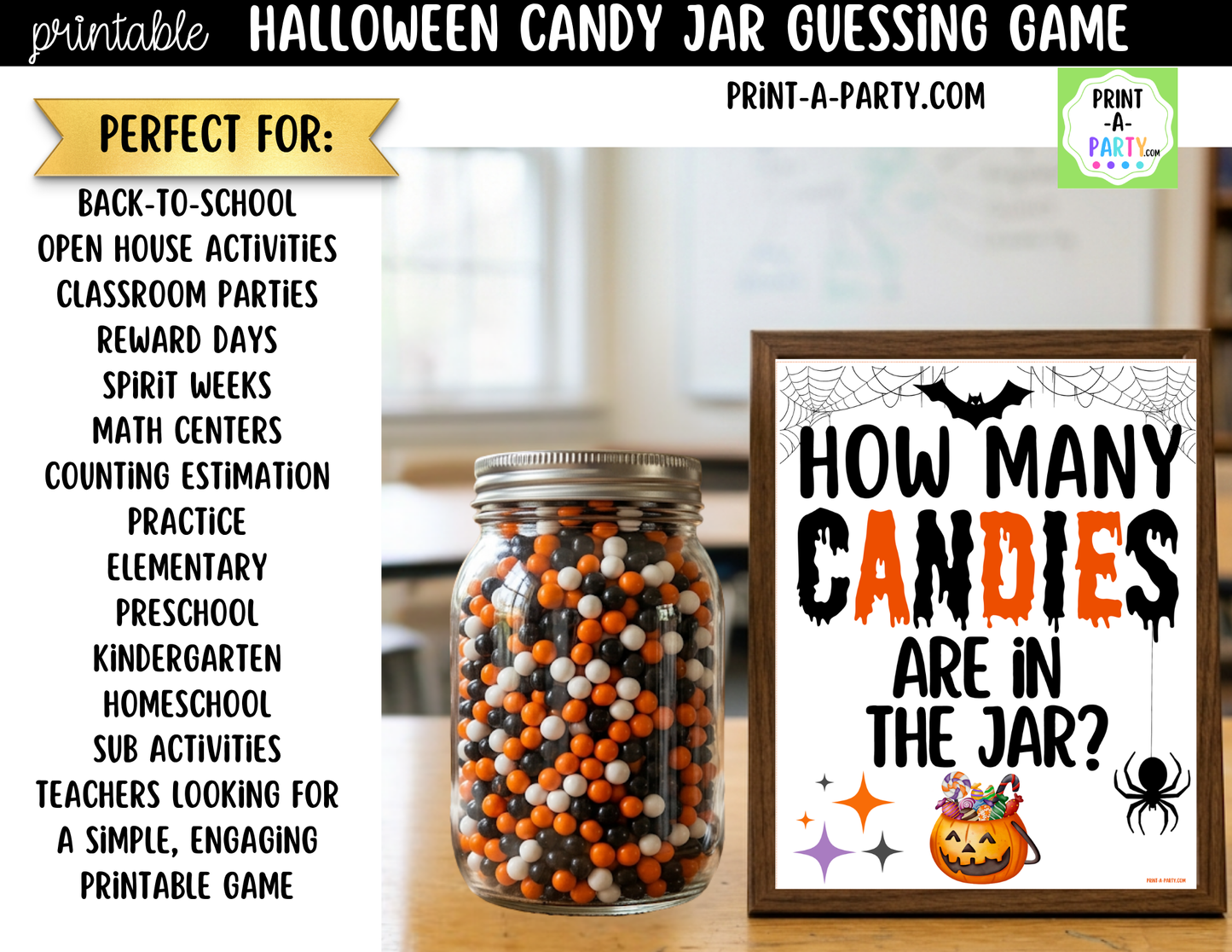 Halloween Candy Jar Guessing Game Printable Sign (8x10) and Guessing Cards for Fall, Halloween Parties and events