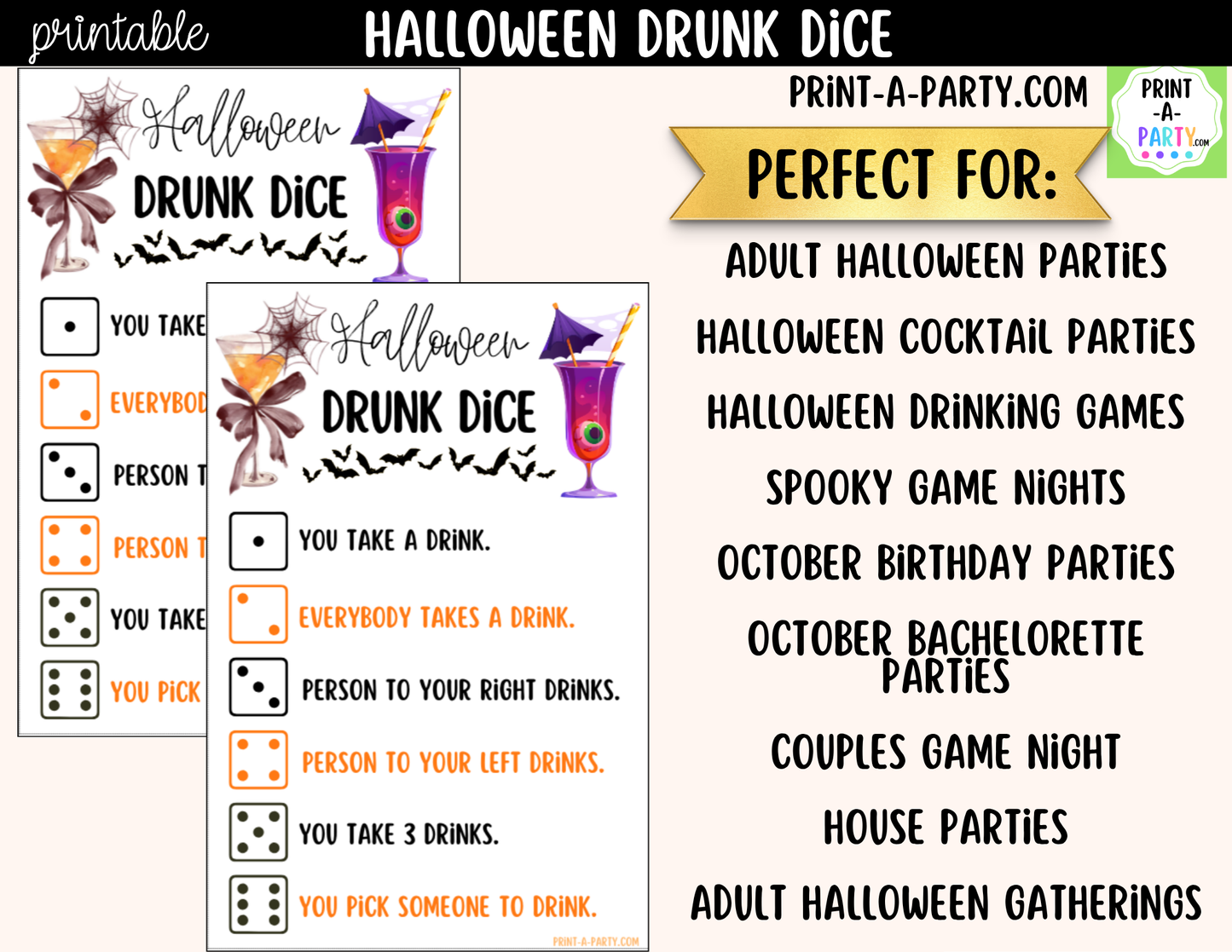 Halloween Drunk Dice Game Printable | Adult Halloween Drinking Game