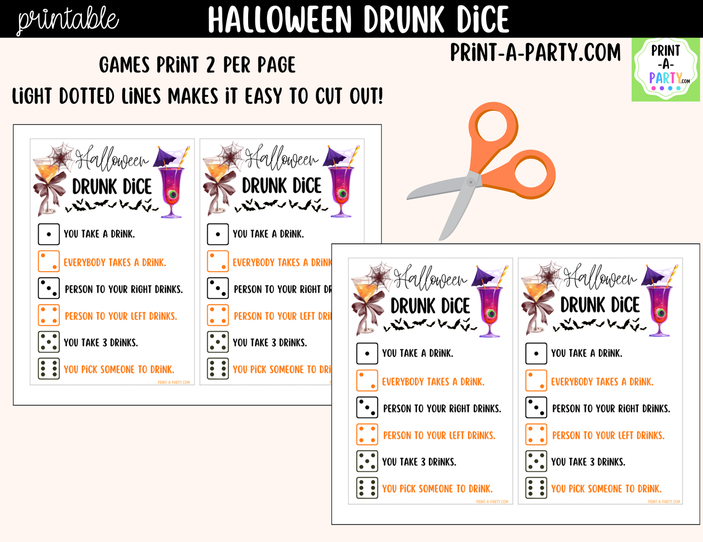Halloween Drunk Dice Game Printable | Adult Halloween Drinking Game