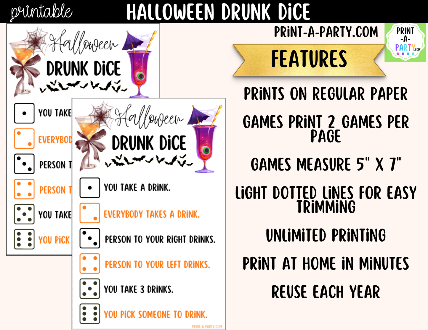 Halloween Drunk Dice Game Printable | Adult Halloween Drinking Game